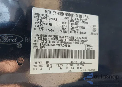 1999 Ford Explorer Eddie Bauer/Limited/Xlt from USA, damaged, VIN 1FMZU34E3XZA00966